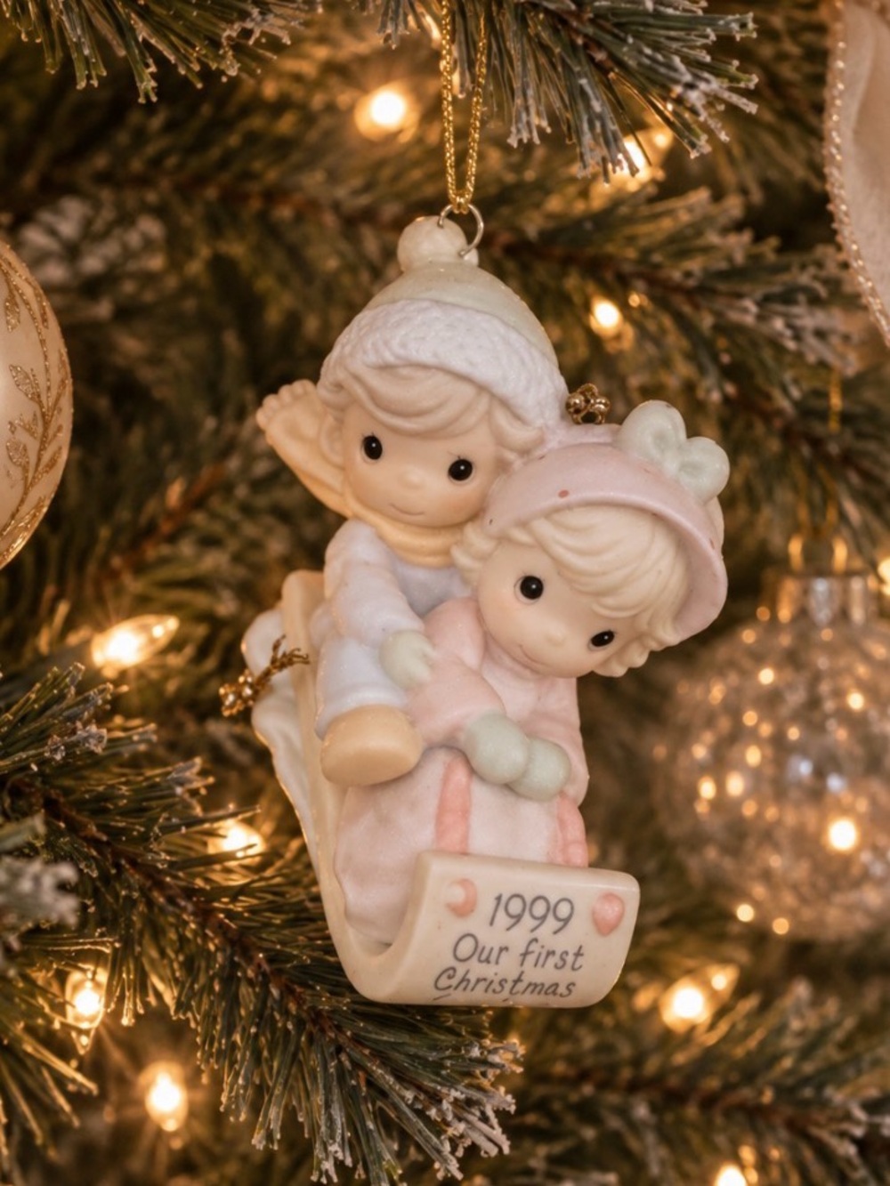 Precious Moments Pink & Cream 'Our First Christmas' Porcelain Ornament